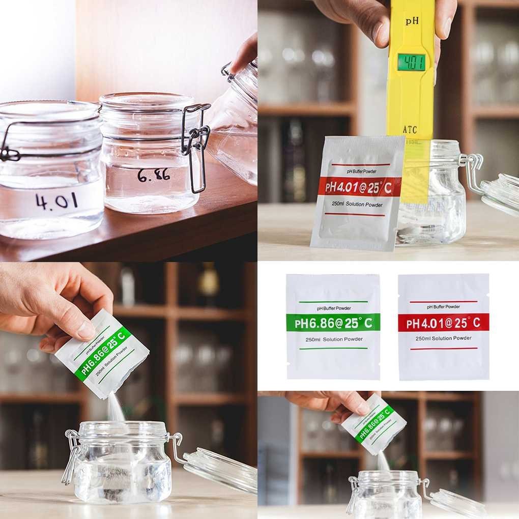 Pouches of pH 4.01 calibration powder for meters