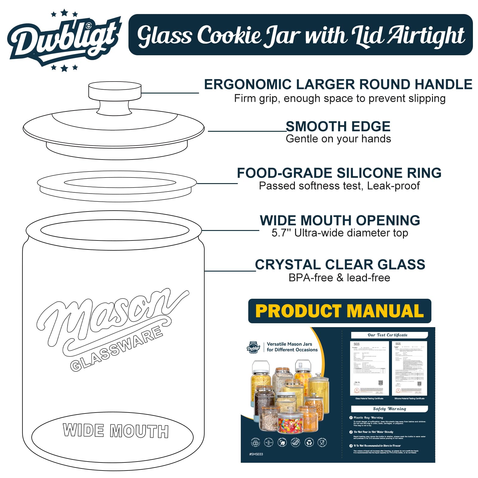 Ergonomic round lid grip on glass storage jar