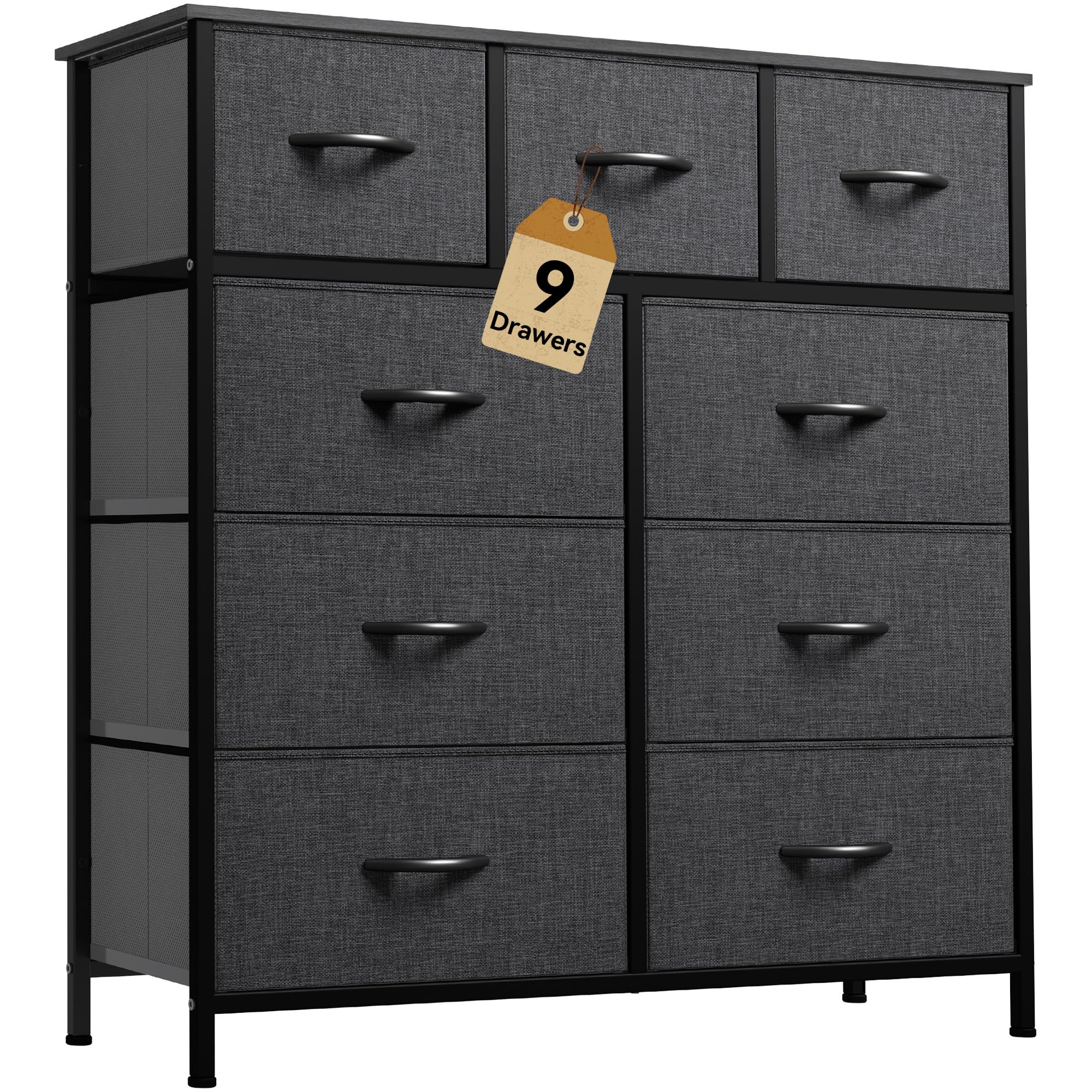DWVO 9 drawer dresser with fabric bins and wooden top