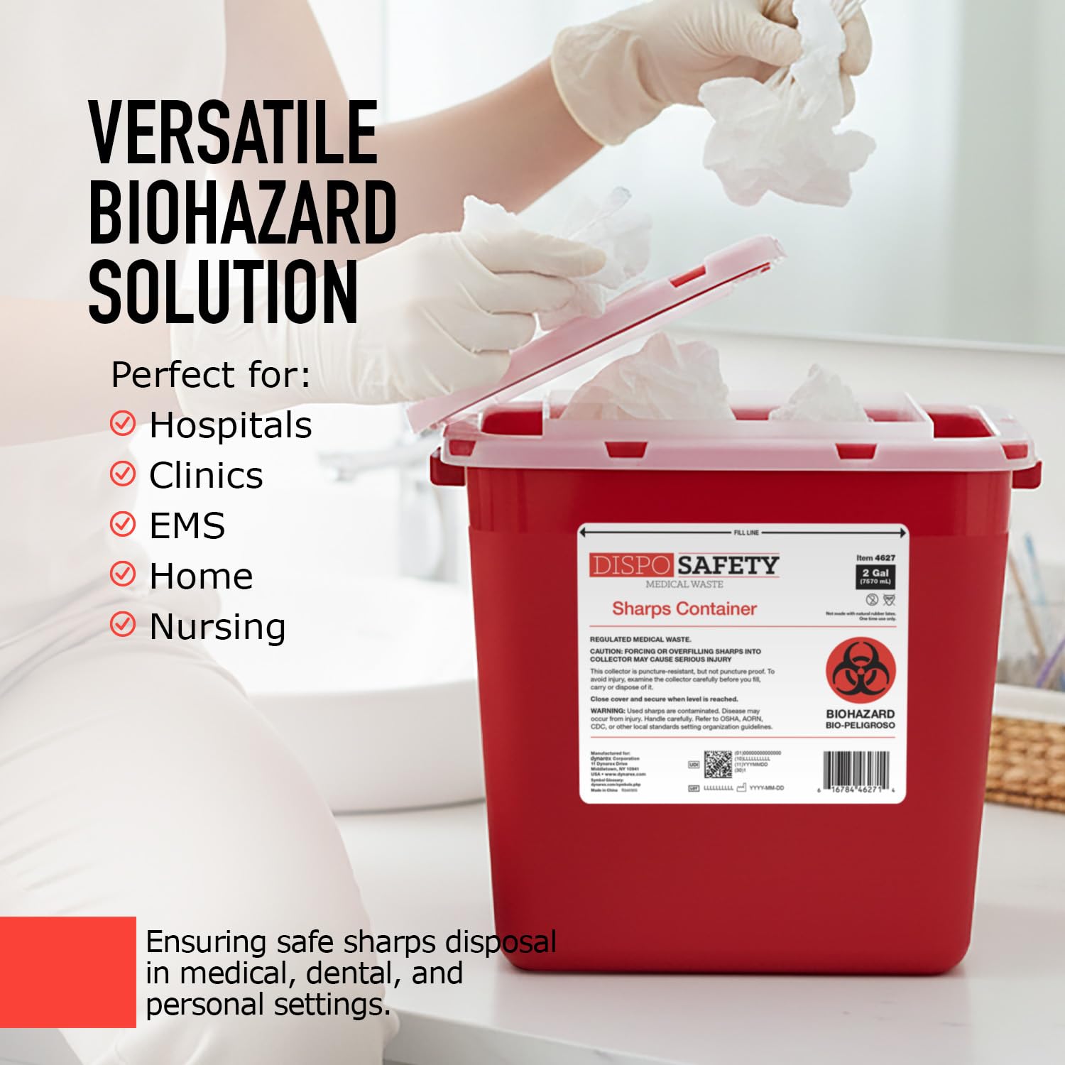 Dynarex Dispo Safety Sharps Container transparent lid close up