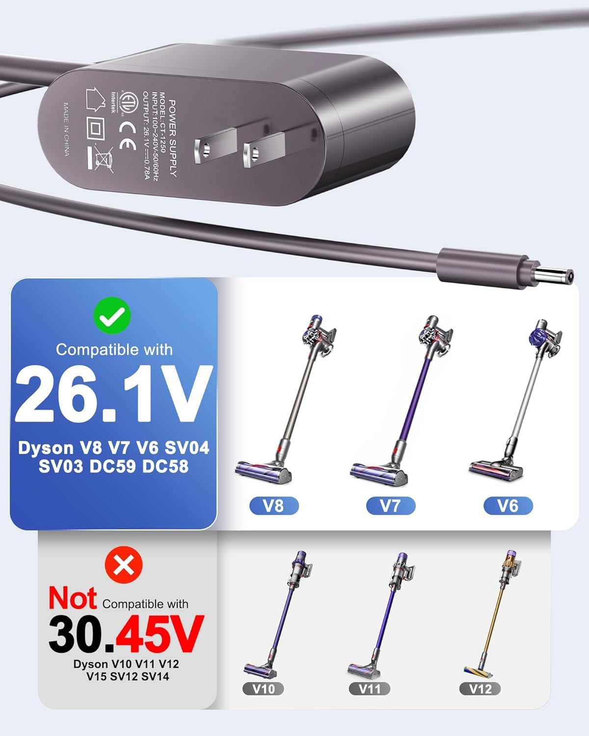 Compatible Dyson V6 V7 V8 charger including DC58 DC59 DC61 DC62 SV03 SV04 SV05 SV06