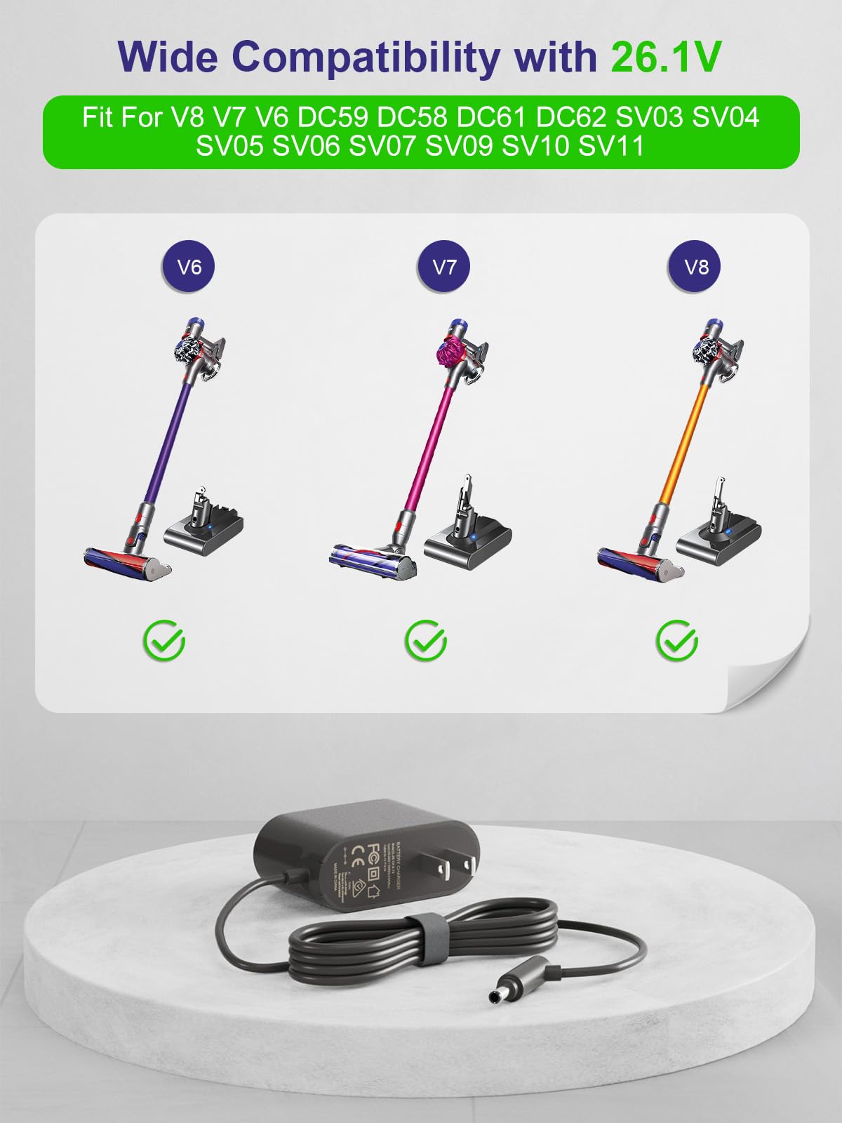 Dyson V8 V7 V6 charger compatible with 26.1V