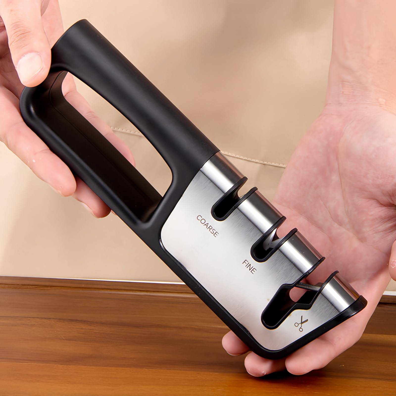 Dzmbv 3-Stage Knife Sharpener kitchen setup with knives and scissors