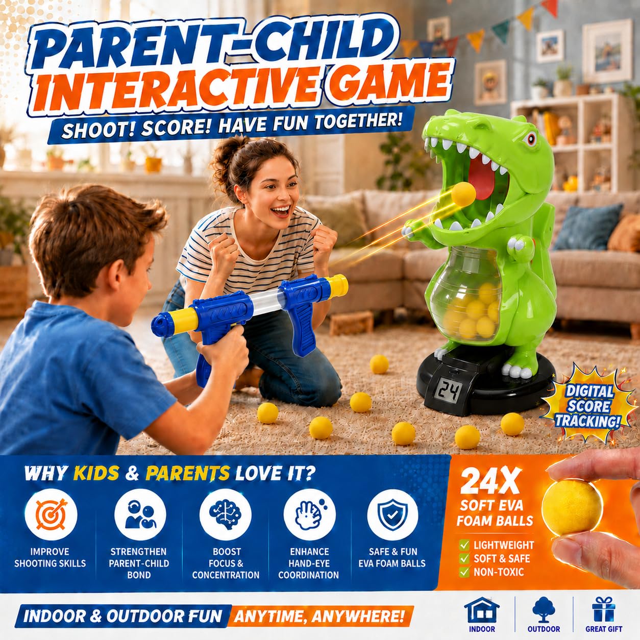 Includes 24 foam balls and air pump blaster