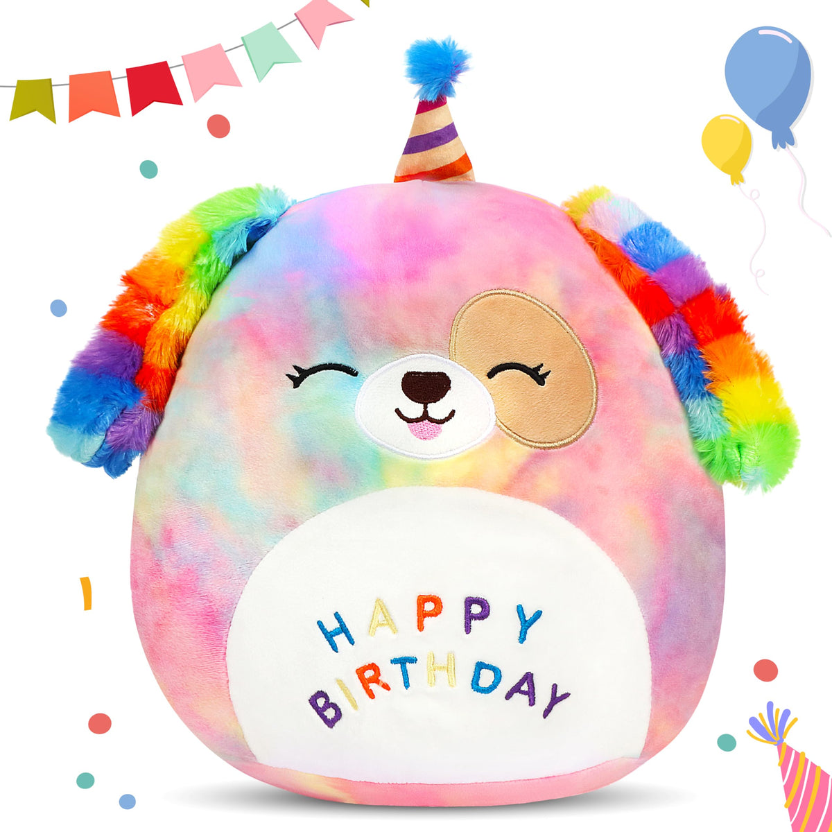Easfan 12 inch rainbow birthday dog plush pillow close up design
