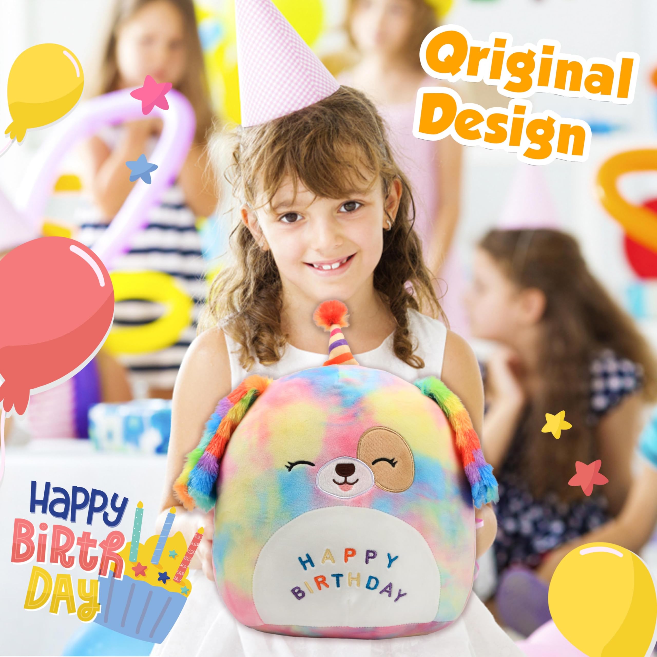 Rainbow birthday hat detail on Easfan dog plush pillow