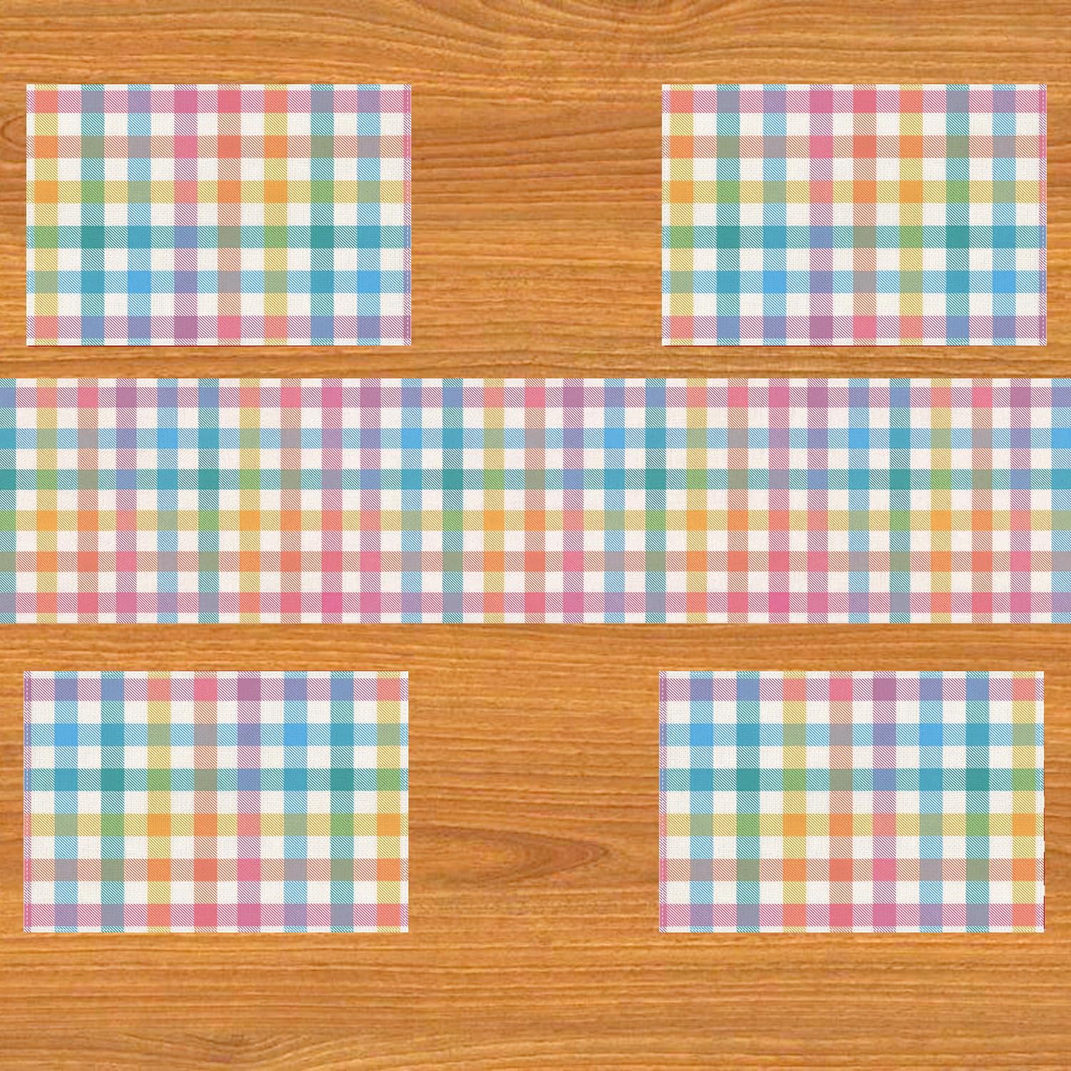 Multicolor pastel Easter plaid table runner for spring decor