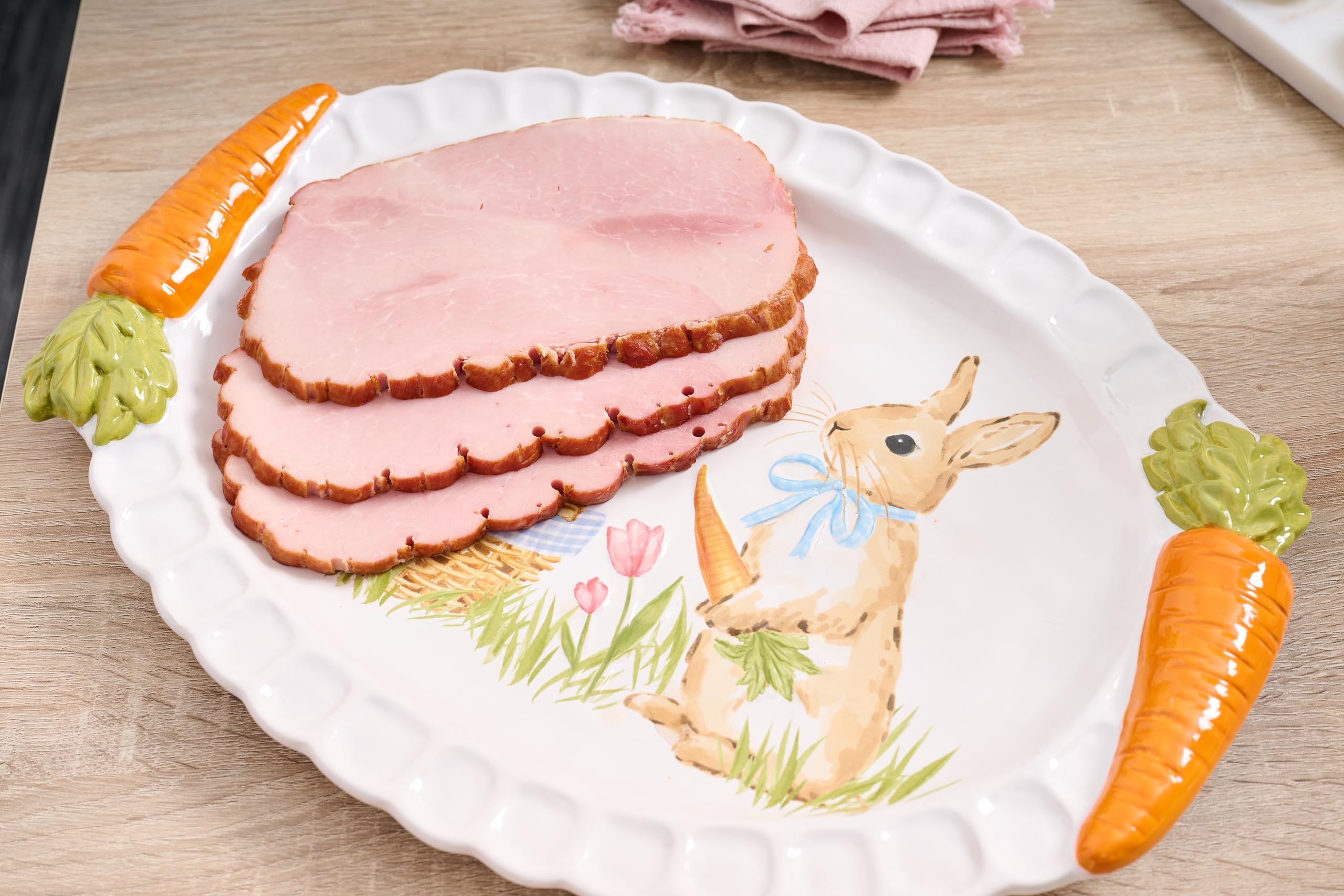 Overview of Mud Pie Easter Carrot Handle Platter size 12 1/2 x 16 inch in white stoneware