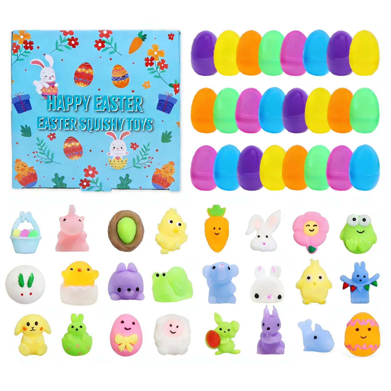 Pack of 24 colorful Easter eggs and 24 Easter themed squishy toys