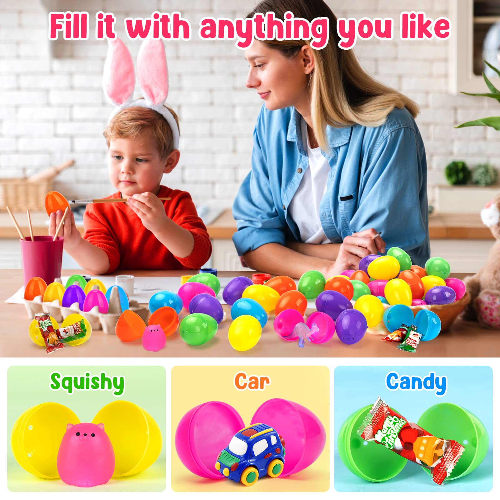 Colorful plastic eggs used as table decor