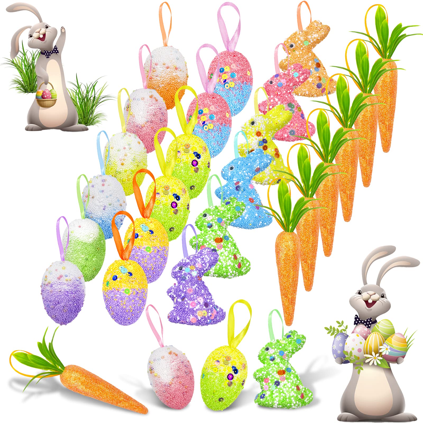 24 pack easter egg ornament set with foam eggs rabbits and carrots