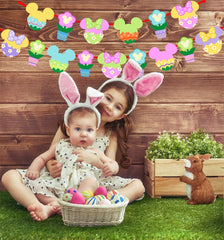 Colorful Easter eggs and flowers flags banner close up