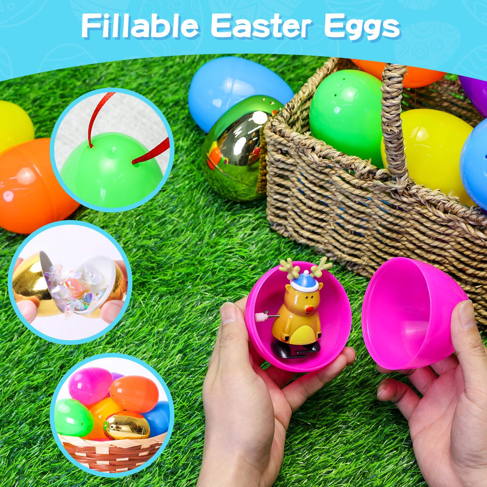 Assorted bright colors blue green orange purple pink yellow Easter eggs
