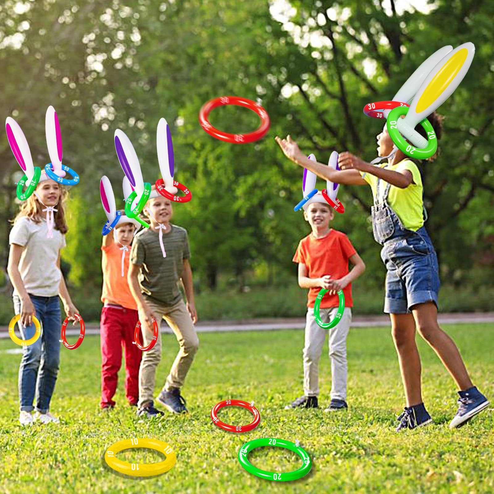 Easter family game inflatable bunny ears ring toss setup