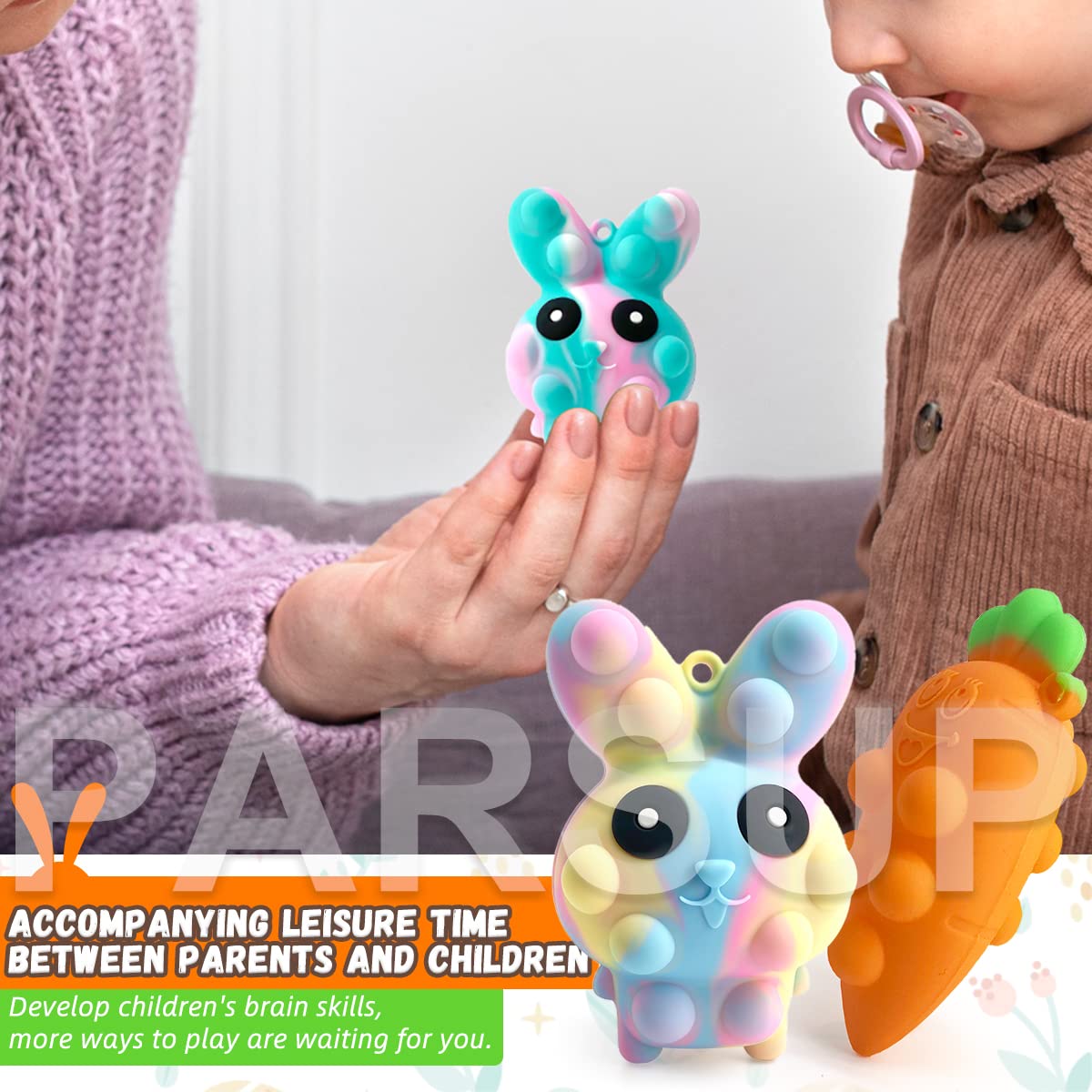 Includes 2 bunny and 2 carrot silicone fidget toys