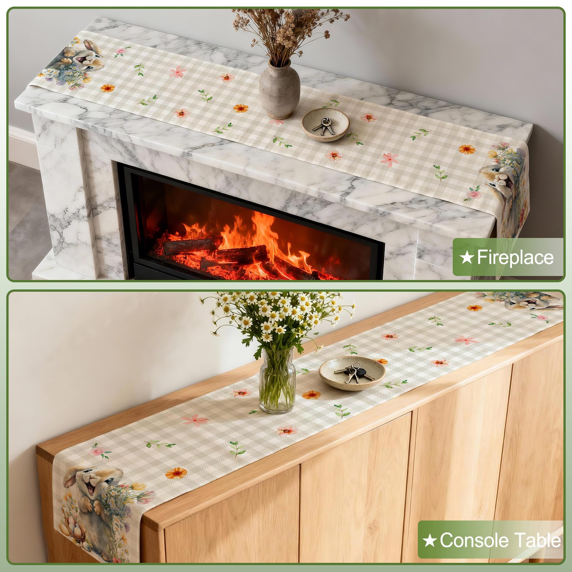 Farmhouse style Easter decor table runner on dining table