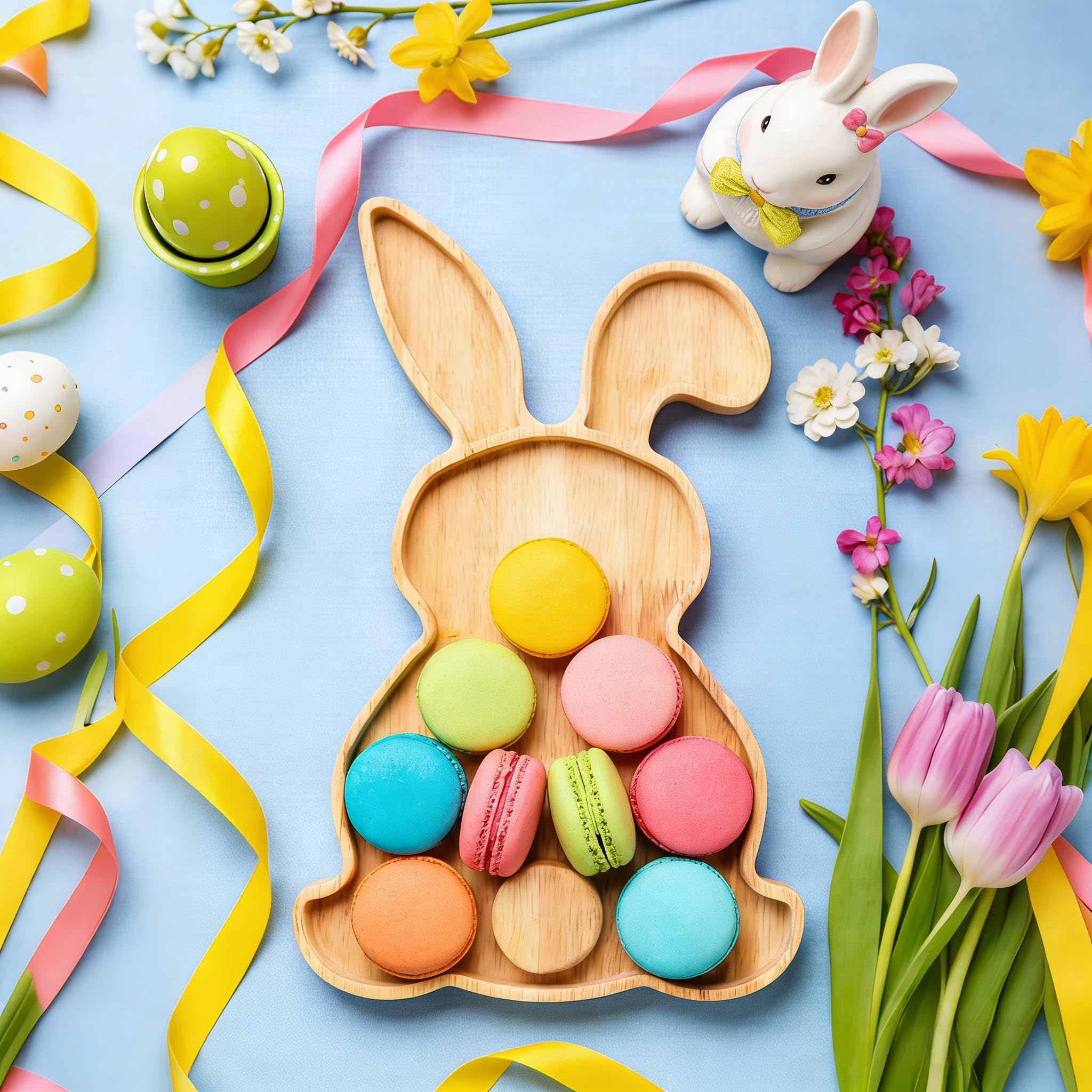 Easter themed charcuterie board layout on table