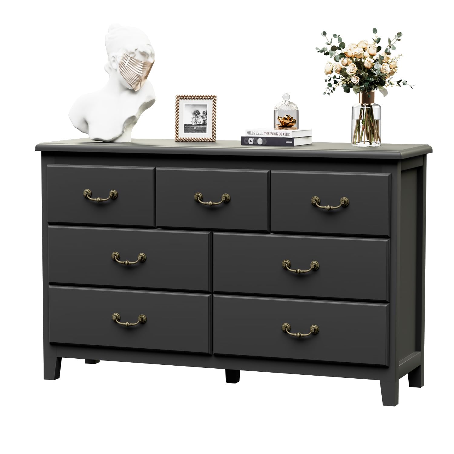bedroom dresser with wide tabletop display space