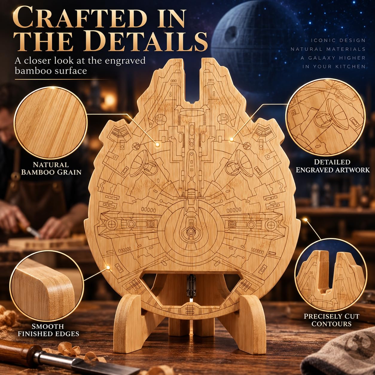 Practical Millennium Falcon bamboo cutting board ready for prep and display