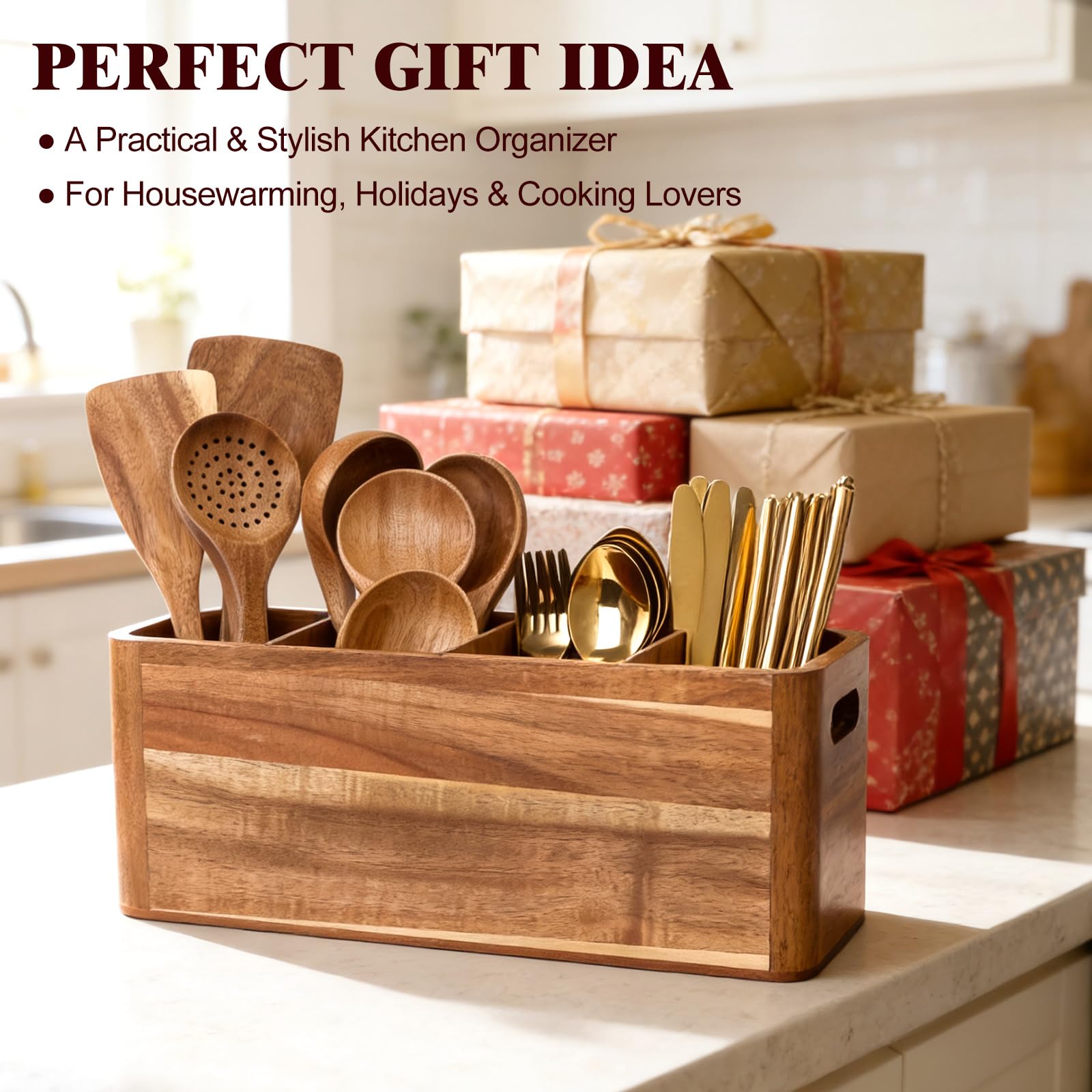 Gift-ready wooden utensil organizer for home cooks