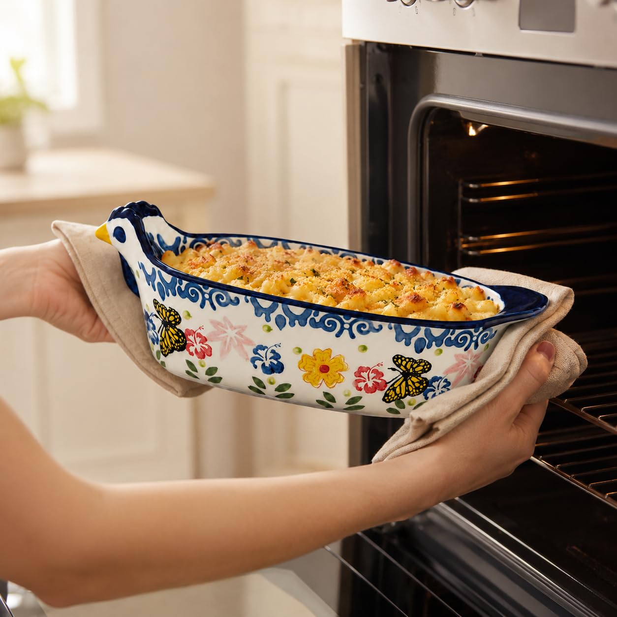 decorative ceramic bakeware that can be displayed on open shelves