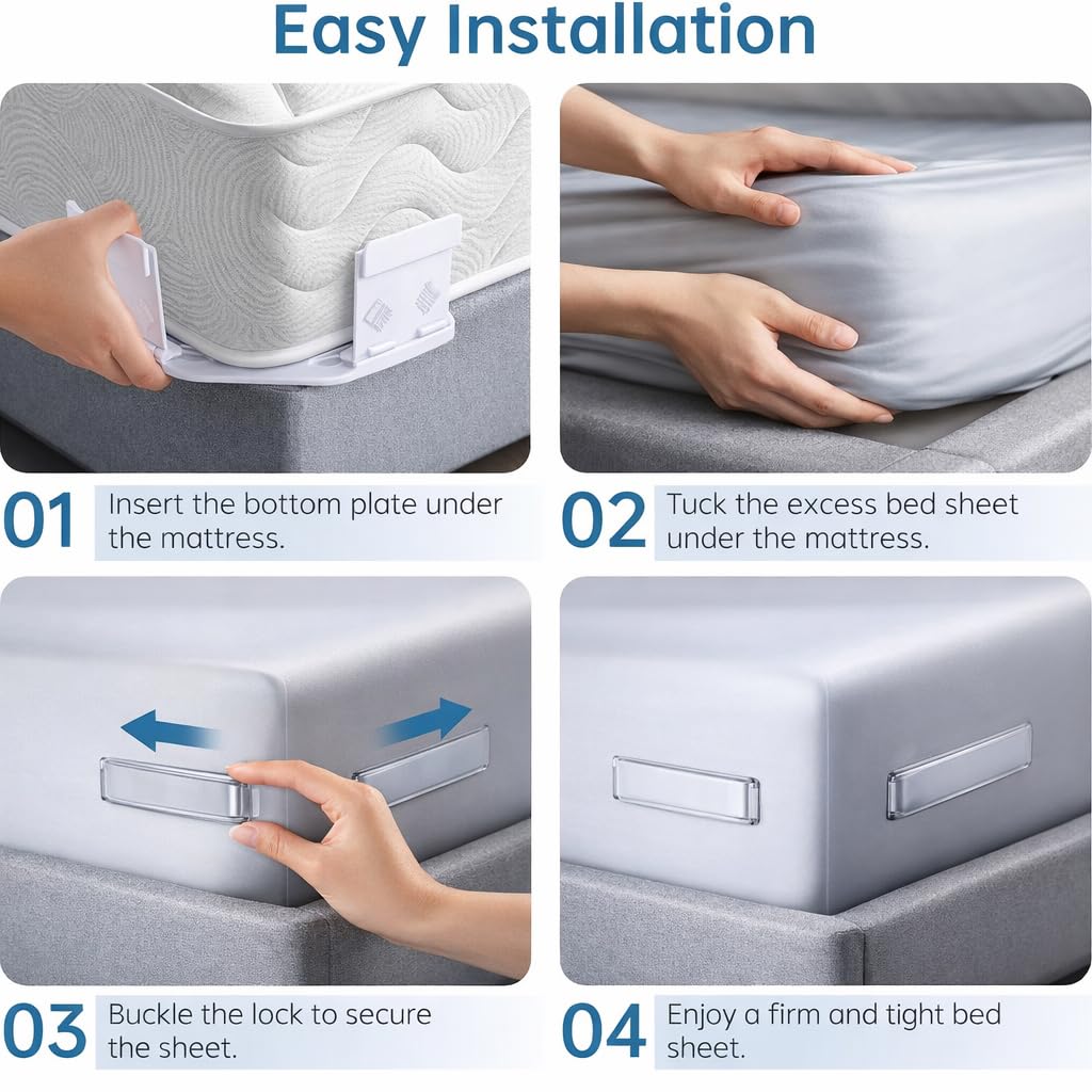 Easy install bed sheet holders with tool-free setup