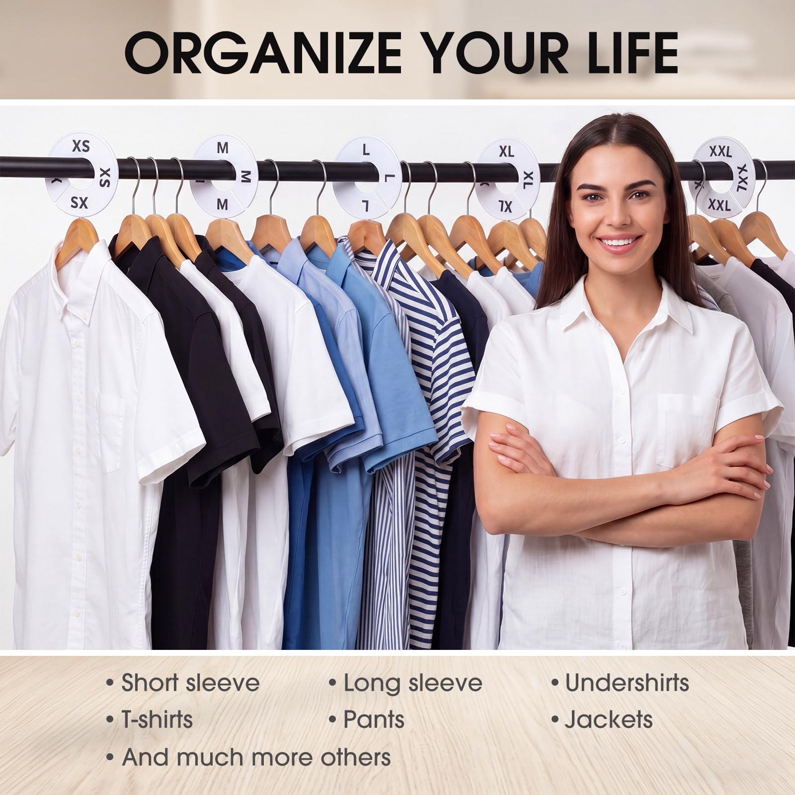 Closet organization with size dividers for shirts and jackets