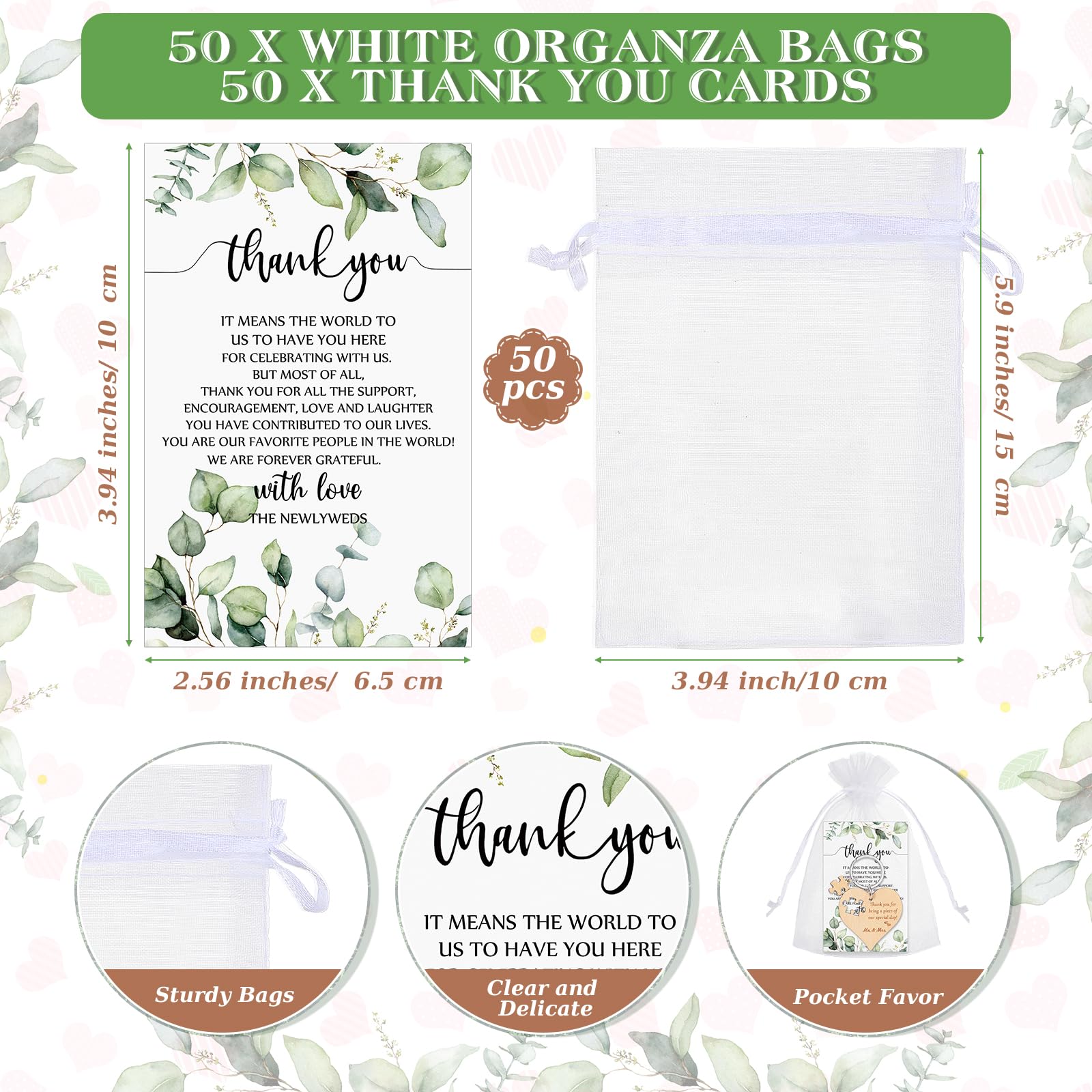 thank you cards and organza bags included