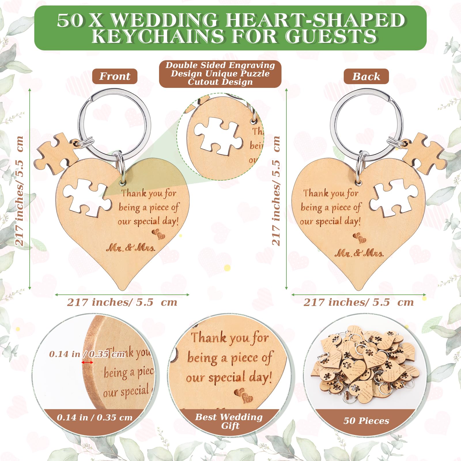 wood heart puzzle keychains with thank you cards