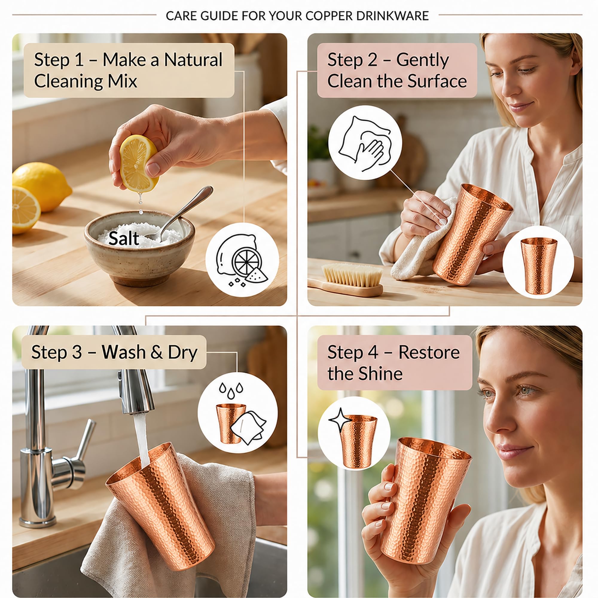 Copper cups drinking vessels for coffee and juice