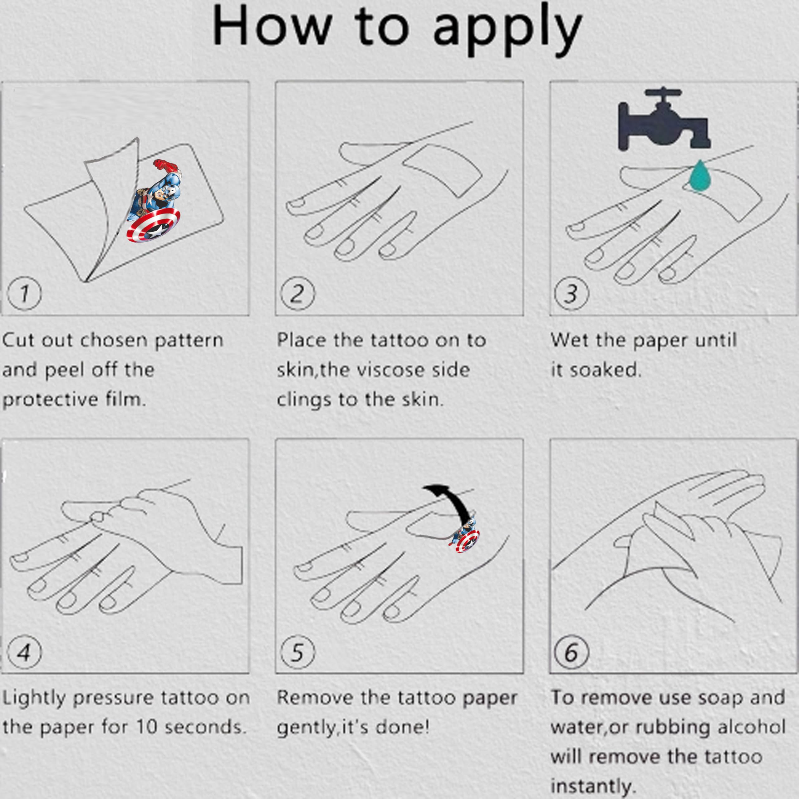 Easy to apply damp skin 10-20 seconds Avengers tattoos