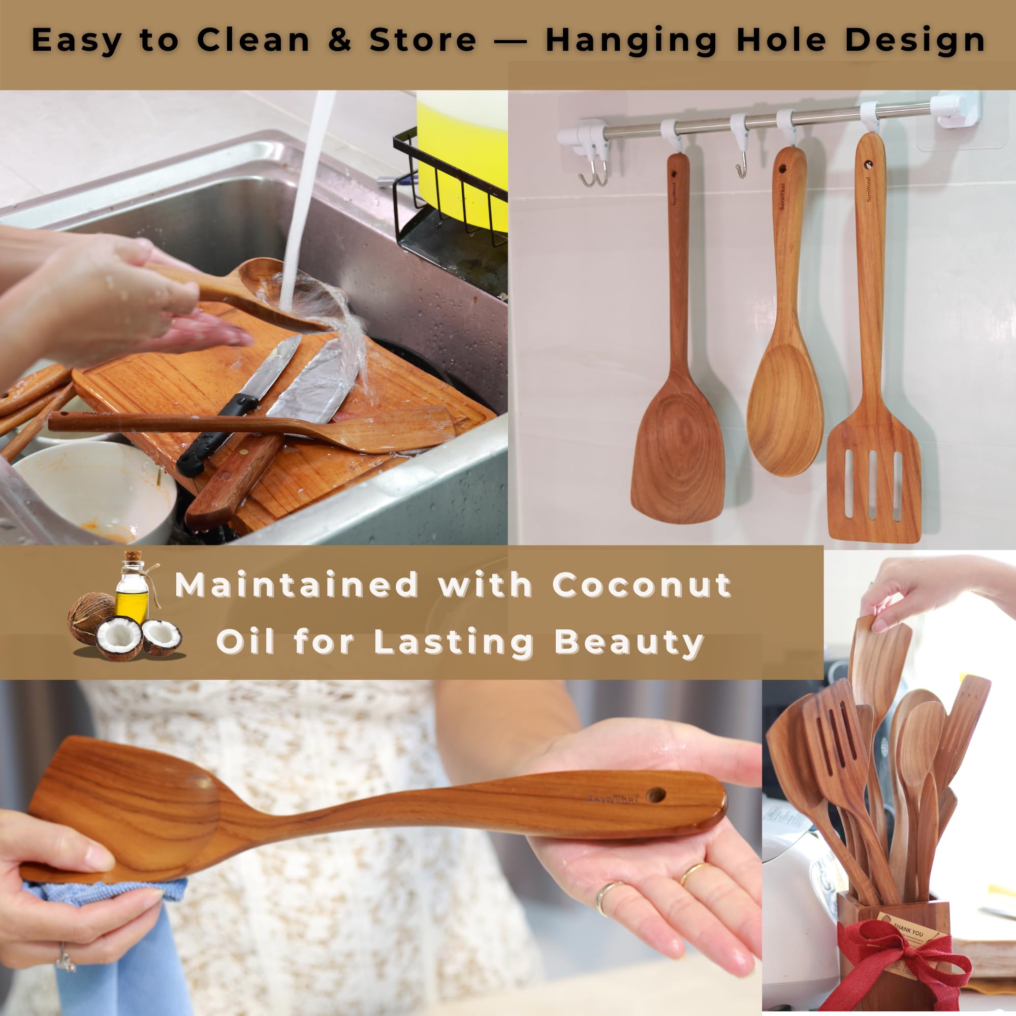 Teak wooden spatula for stirring and flipping