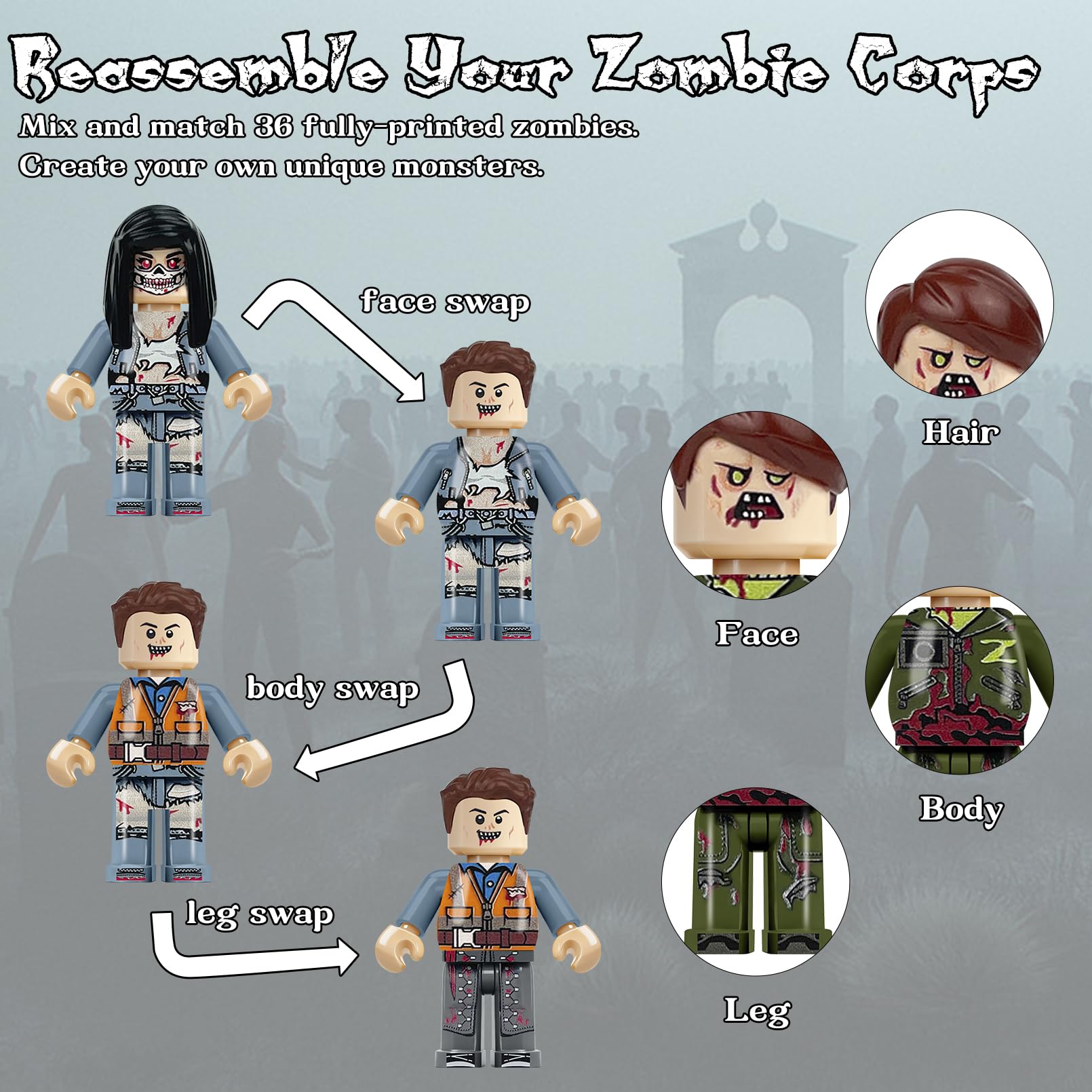 printed details on zombie minifigures high-definition