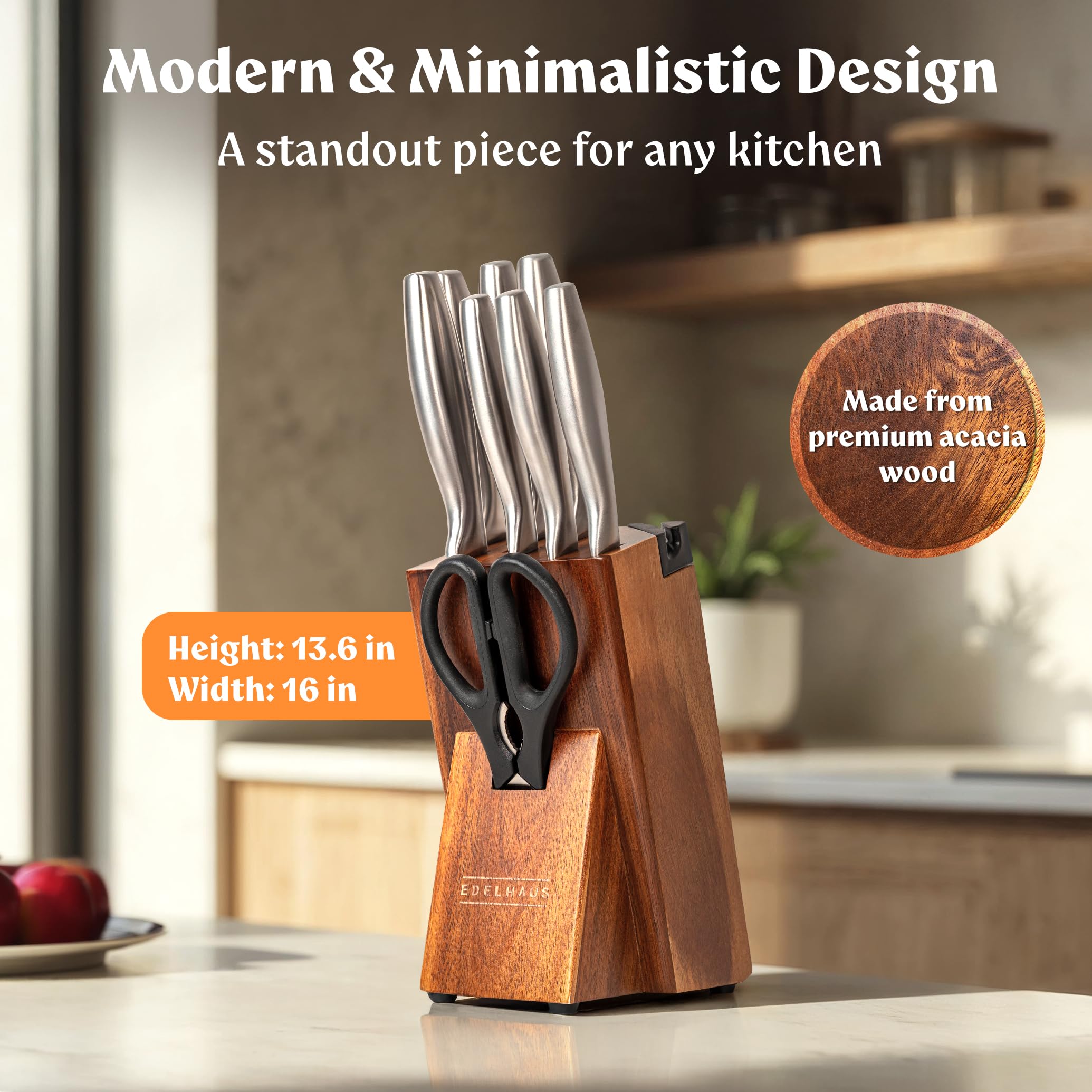 Acacia wood knife block with non-slip base for EDELHAUS set