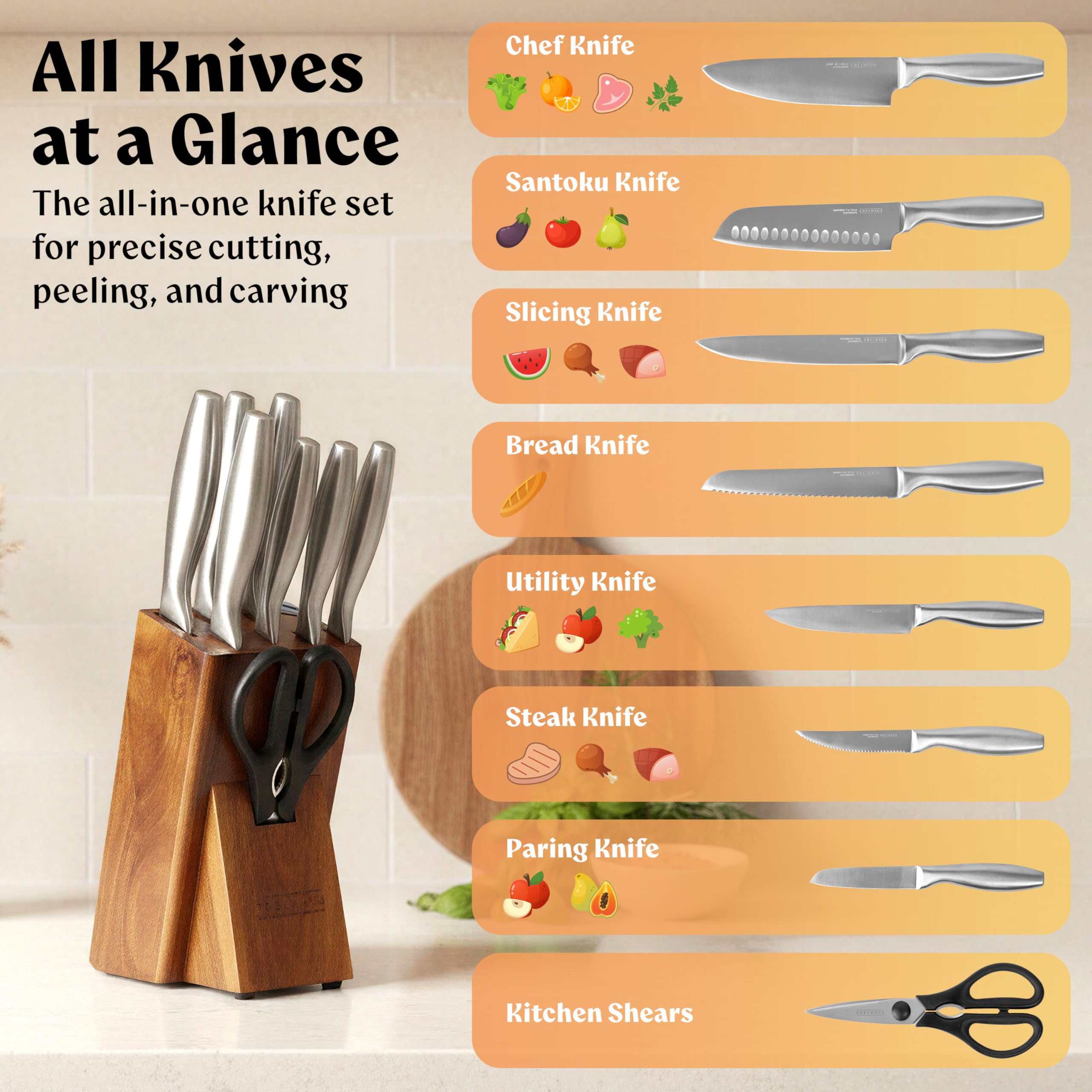 Full stainless steel handles on EDELHAUS knife set