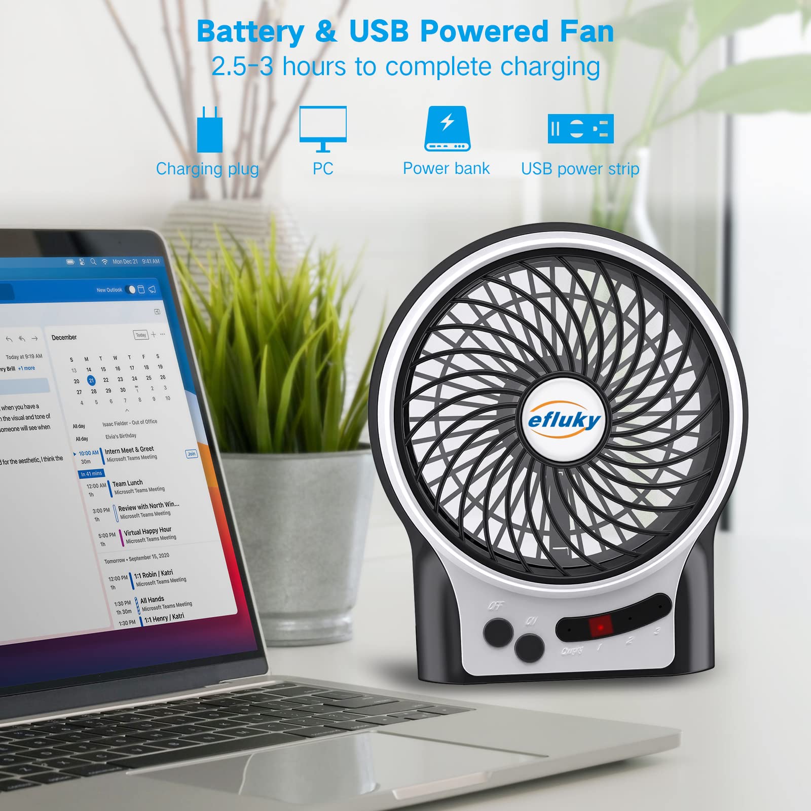 efluky desk fan USB battery powered 3 speeds