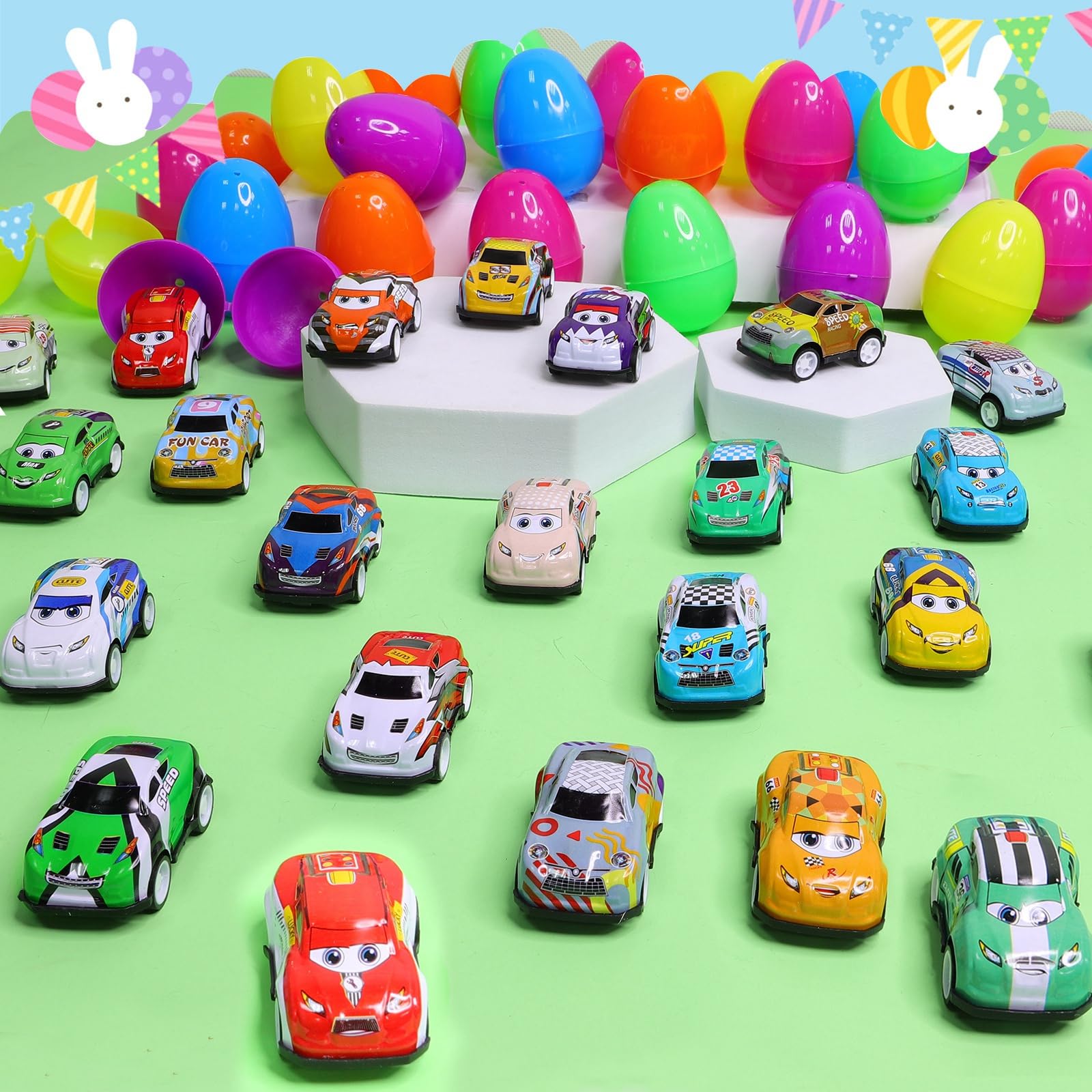 24 Easter eggs and 24 pull back cars included