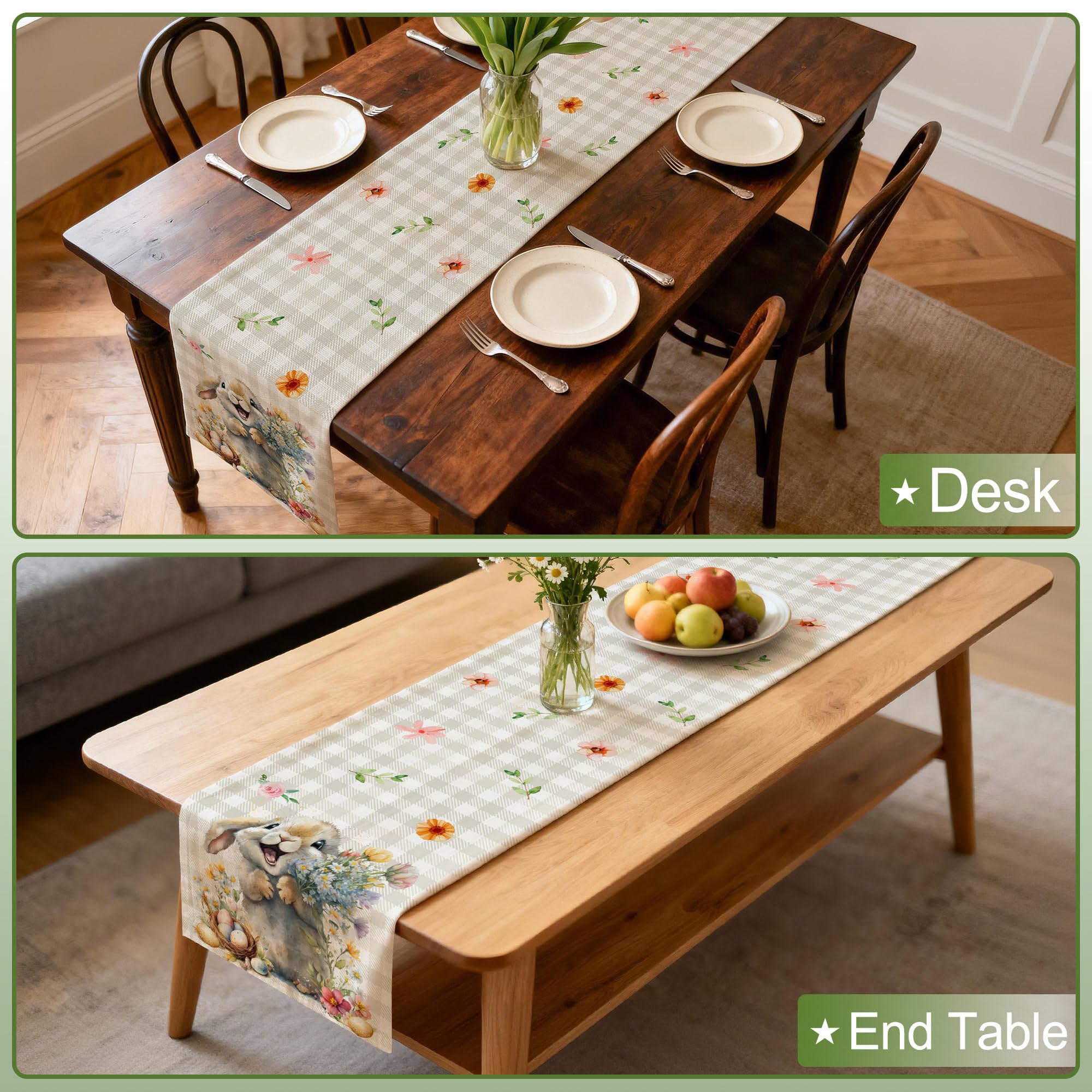 Buffalo plaid Easter runner with eggs and rabbit motif