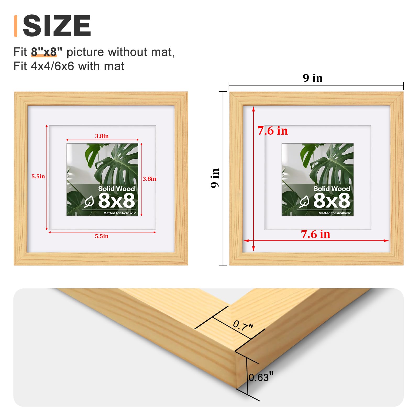 8x8 frame compatible with 4x4/6x6 photos with mats