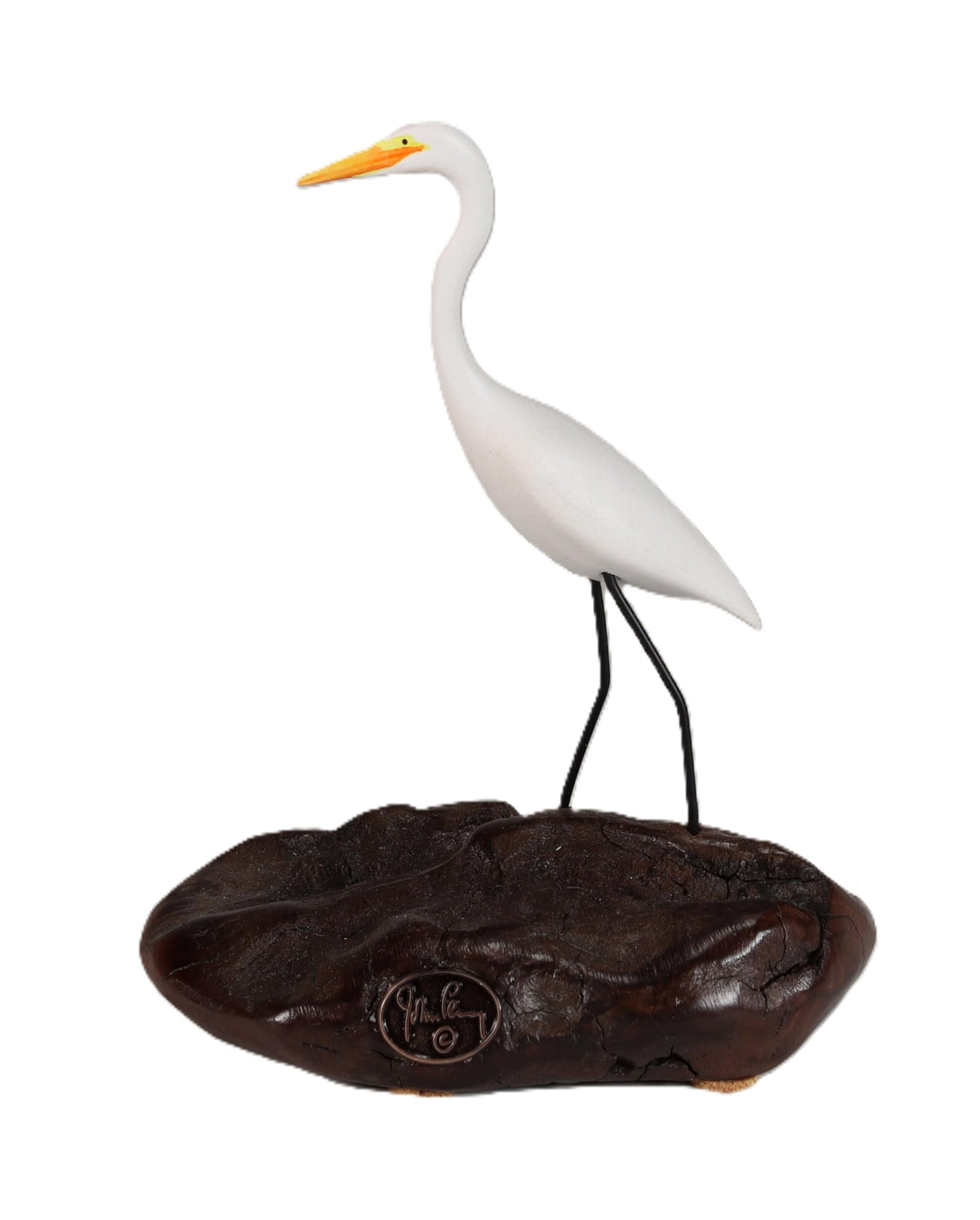 Egret sculpture John Perry on burlwood base