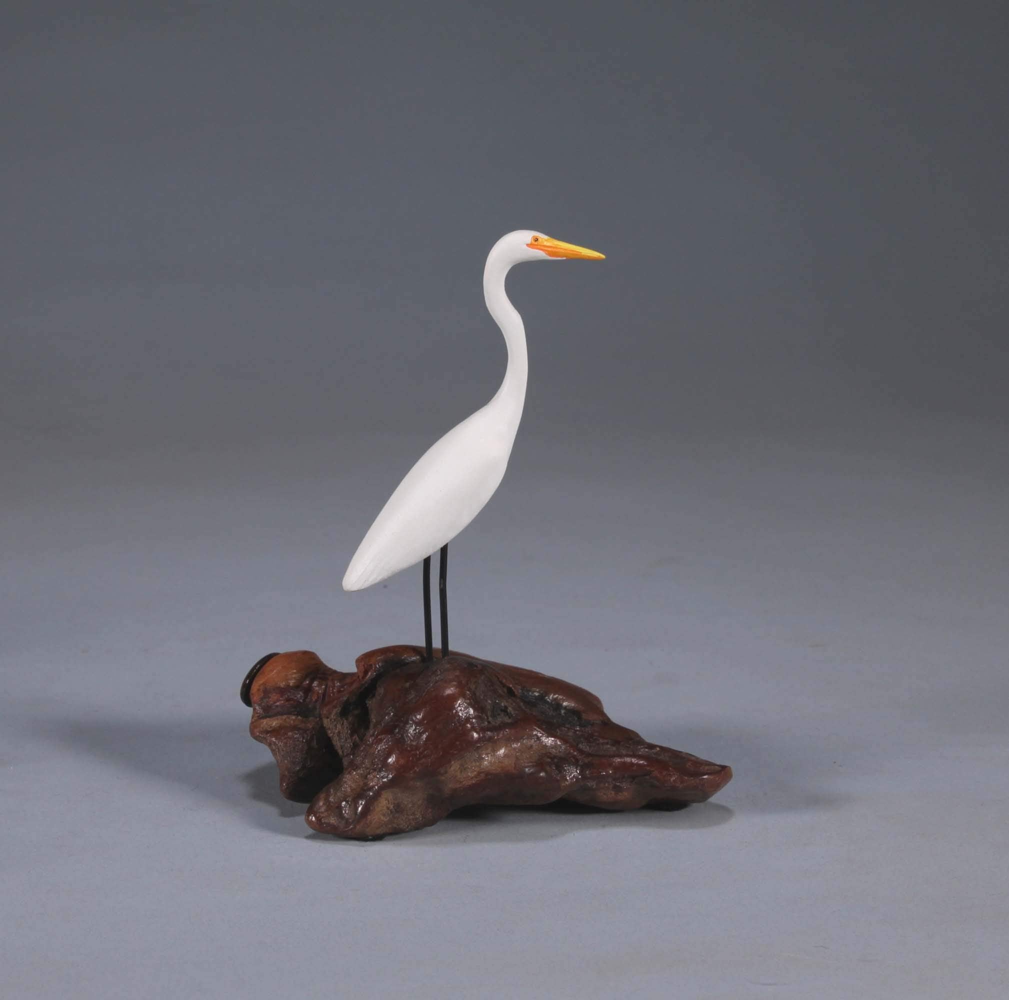 Spying Version Egret sculpture with polished manzanita burl base