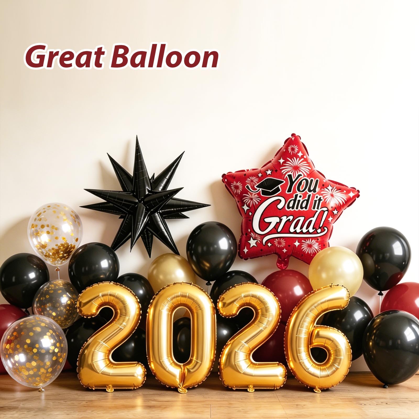 Gold balloons and foil accents included in kit