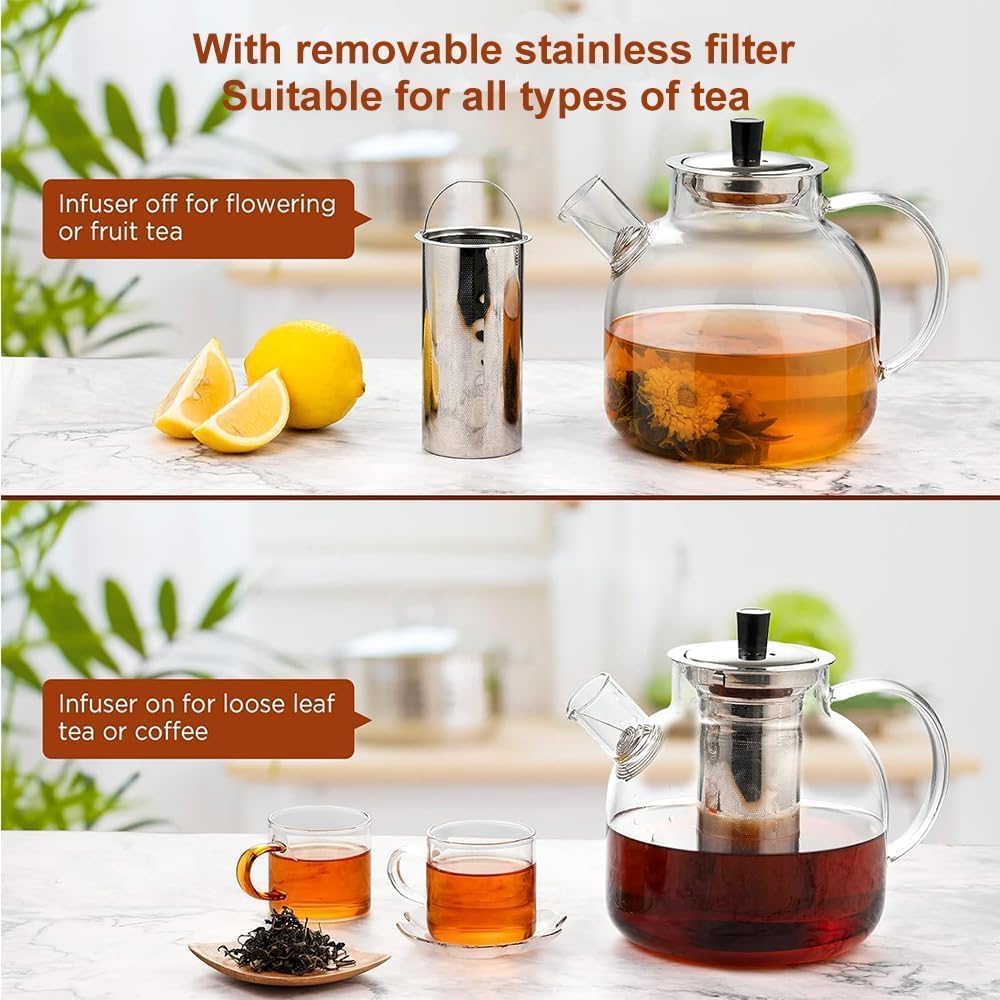 Non-drip spout and ergonomic handle on Ehugos teapot