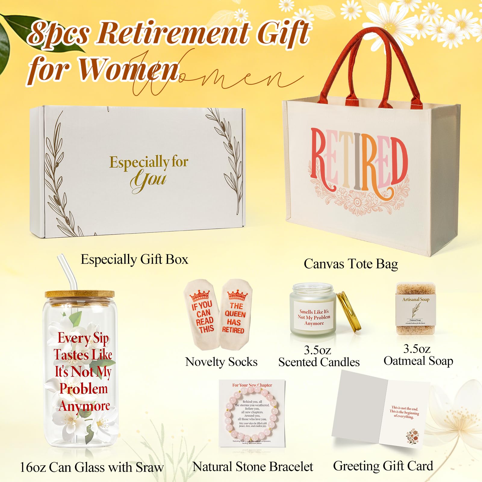 Eight piece retirement set items displayed together