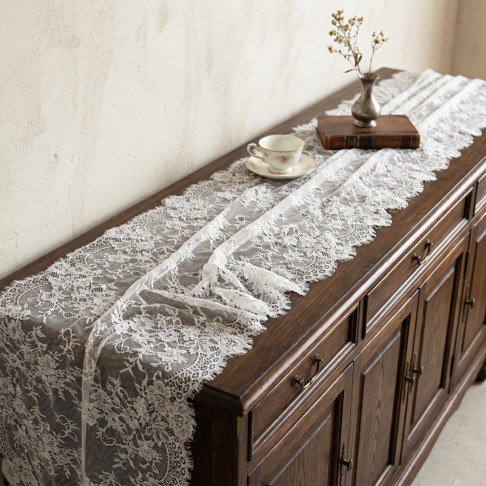 vintage boho white lace runner with floral pattern