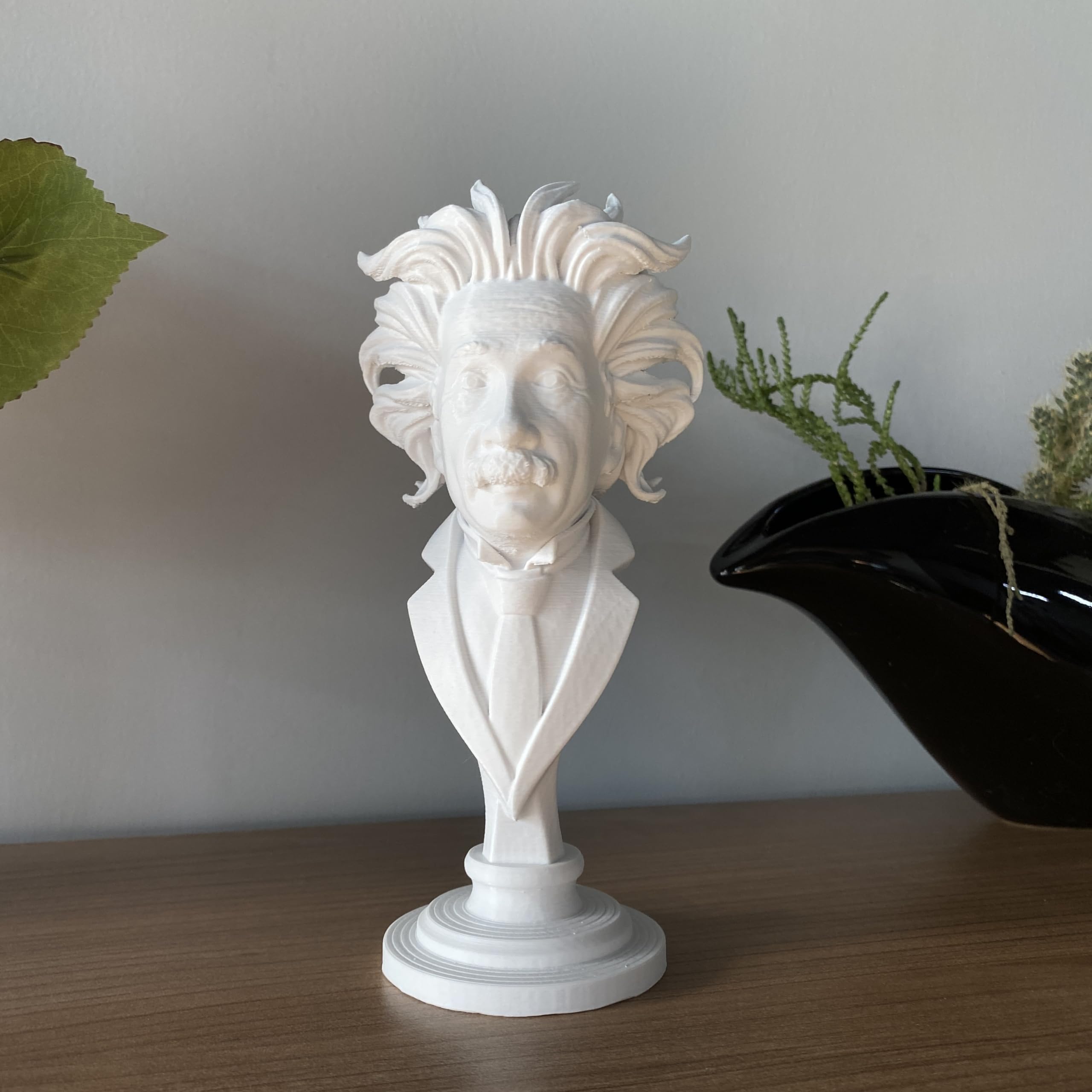 Art Deco Einstein bust display on bookshelf