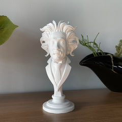 Art Deco Einstein bust display on bookshelf