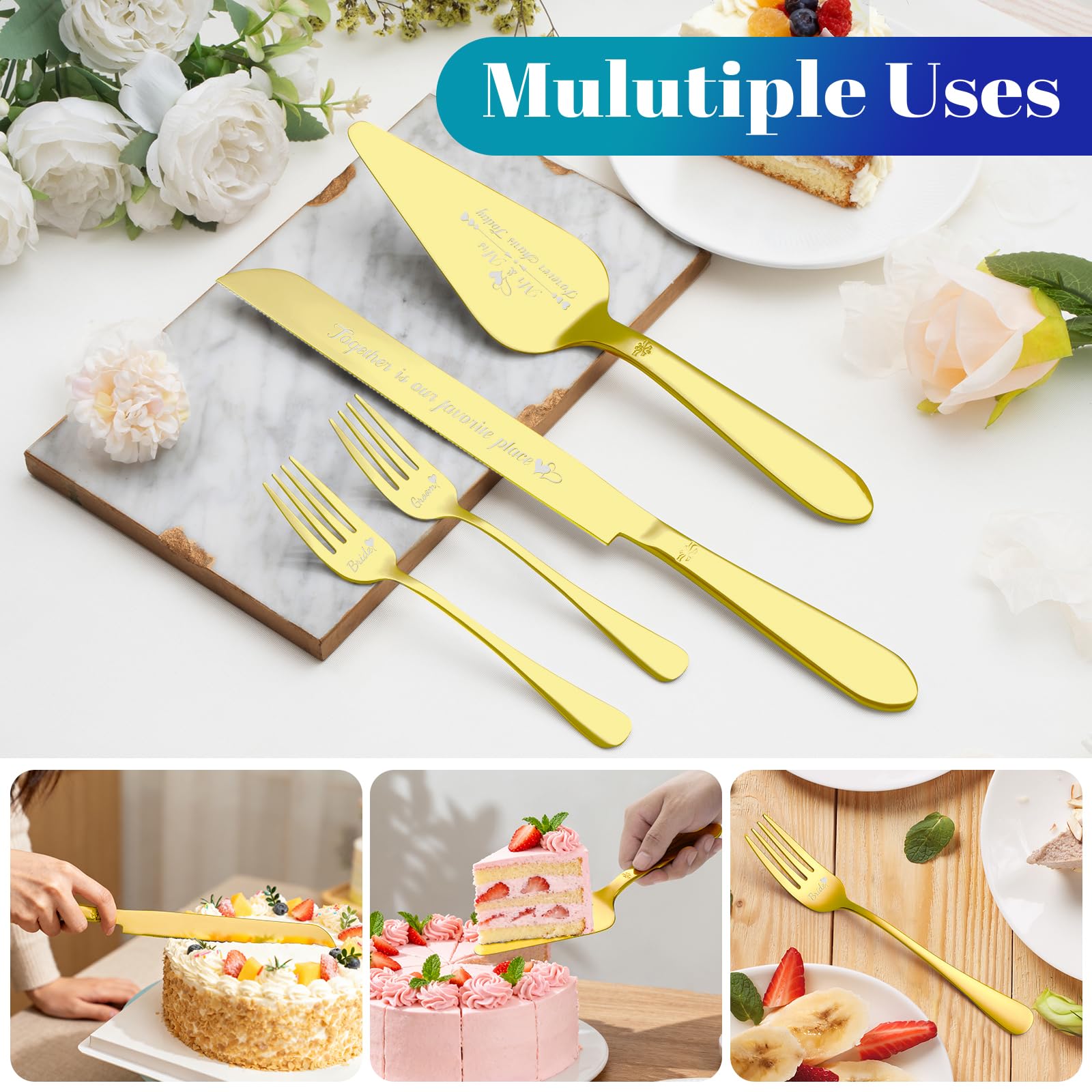 Stainless steel wedding cake serving set with gold finish