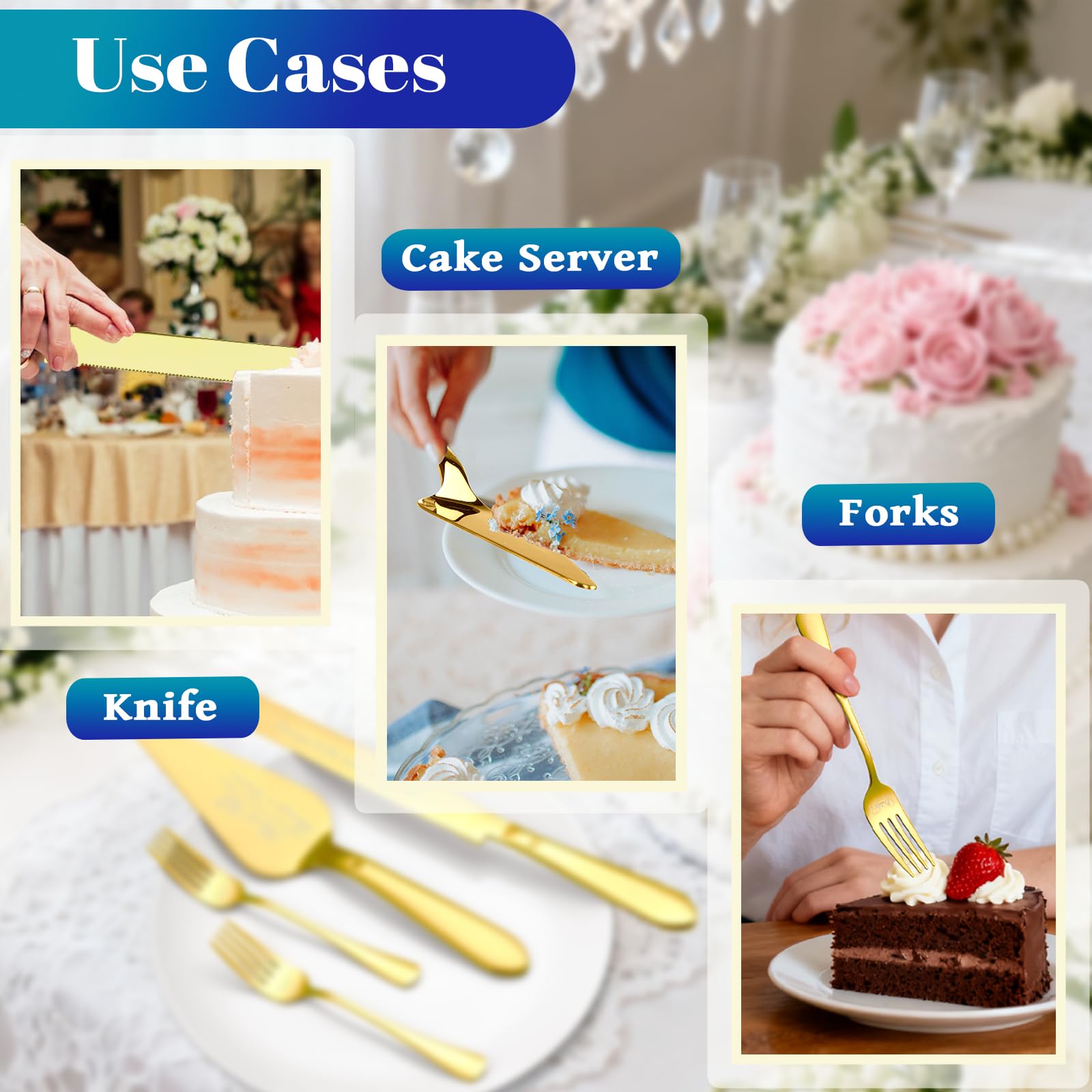 Extended knife head design on Eisinly cake cutting set