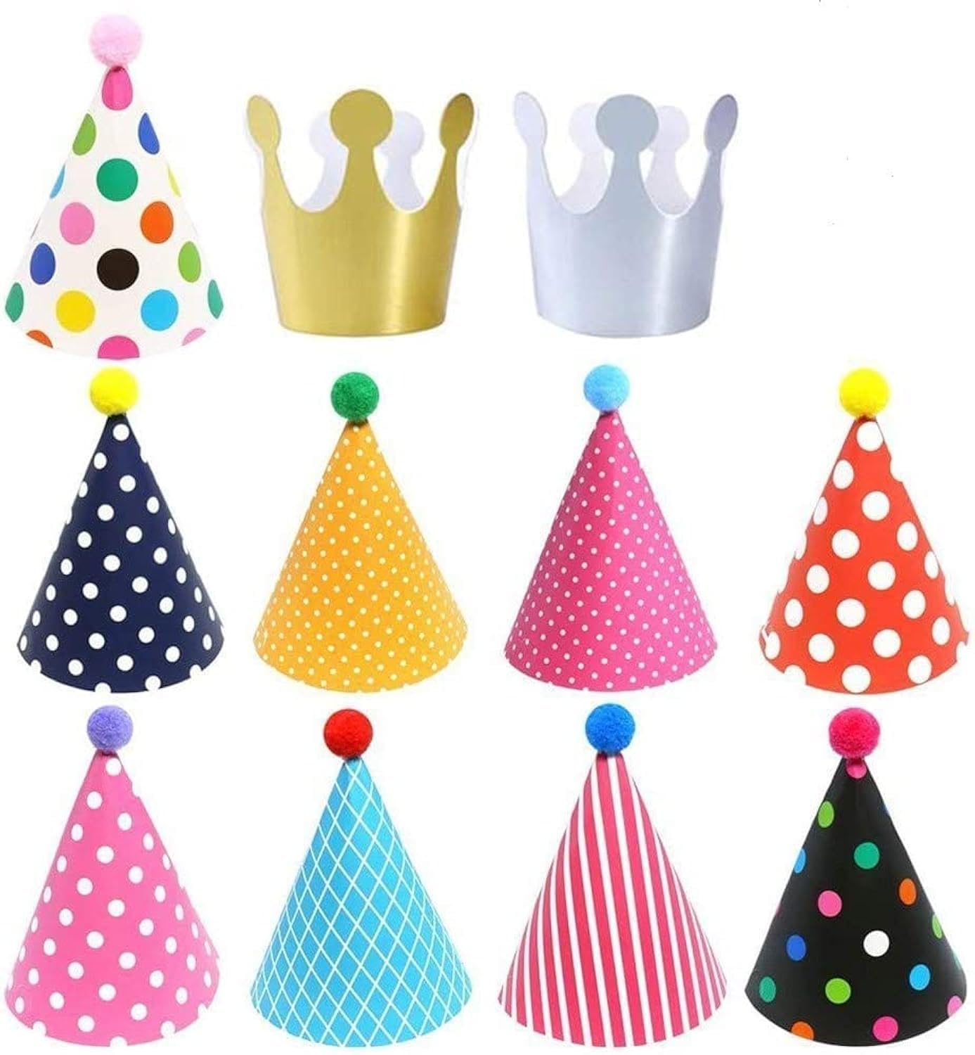 ELakiss 11PCS birthday cone hats set with 9 hats and 2 crowns